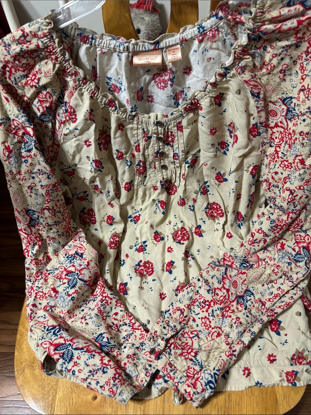 Northcrest Cream Blouse with Red and Blue Floral Print